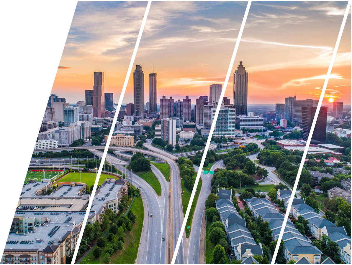 Aerial view of Atlanta skyline at sunset.